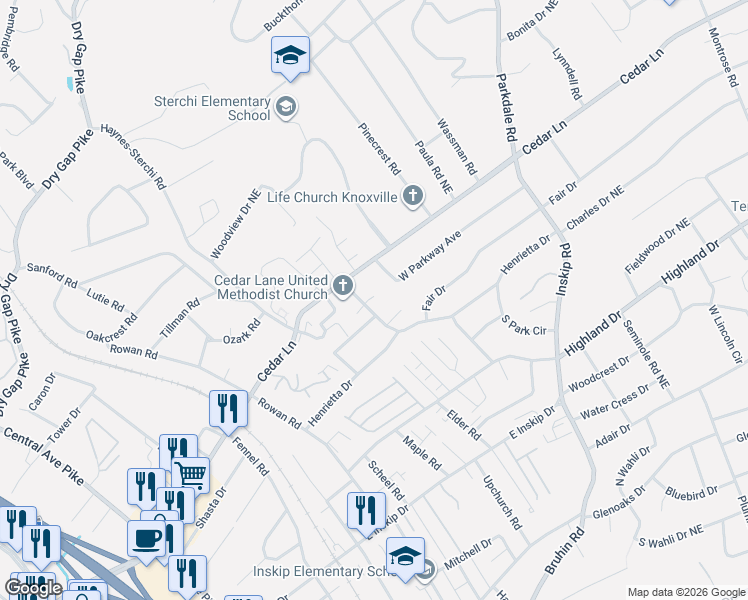 map of restaurants, bars, coffee shops, grocery stores, and more near 5024 Willoway Drive in Knoxville