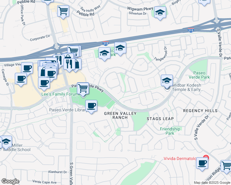 map of restaurants, bars, coffee shops, grocery stores, and more near 2060 Bluebell Point Court in Henderson