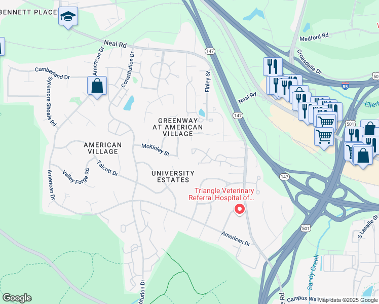 map of restaurants, bars, coffee shops, grocery stores, and more near 405 McKinley Street in Durham
