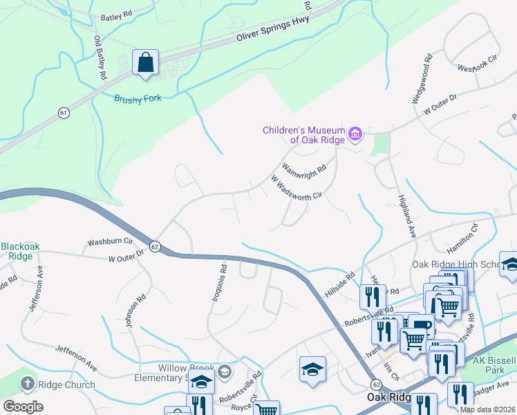 map of restaurants, bars, coffee shops, grocery stores, and more near 115 Walsh Lane in Oak Ridge
