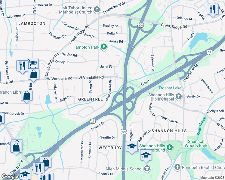 map of restaurants, bars, coffee shops, grocery stores, and more near 3015 Shallowford Drive in Greensboro