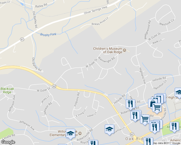 map of restaurants, bars, coffee shops, grocery stores, and more near 115 Walsh Lane in Oak Ridge