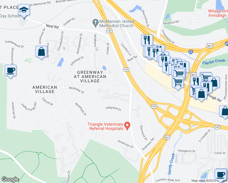 map of restaurants, bars, coffee shops, grocery stores, and more near 37 Forest Green Drive in Durham