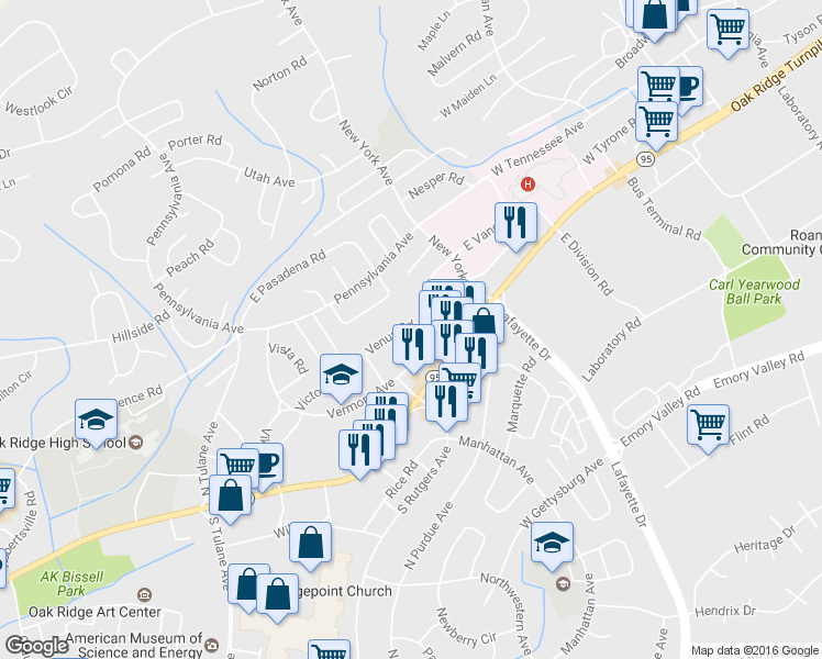 map of restaurants, bars, coffee shops, grocery stores, and more near 105 Venus Road in Oak Ridge