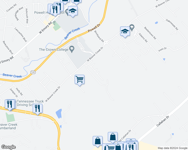 map of restaurants, bars, coffee shops, grocery stores, and more near 7200 Jackson Morgan Lane in Powell
