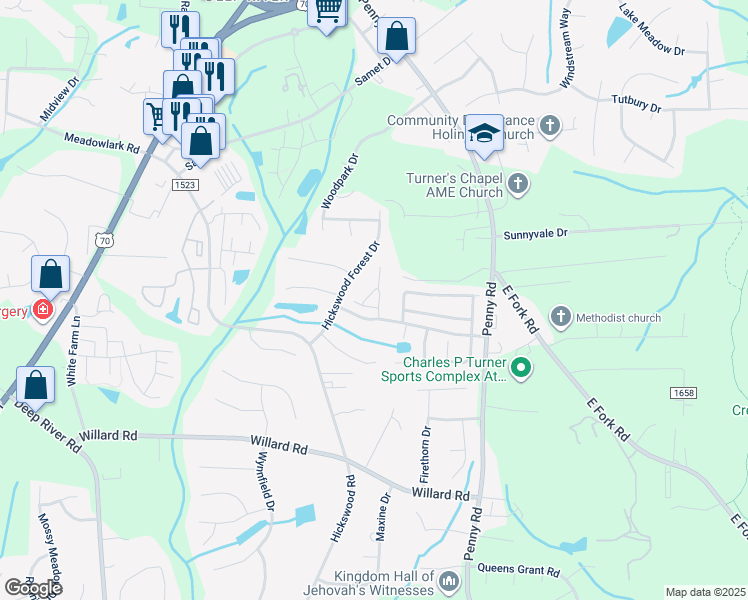 map of restaurants, bars, coffee shops, grocery stores, and more near 3666 Rock Meadow Circle in High Point