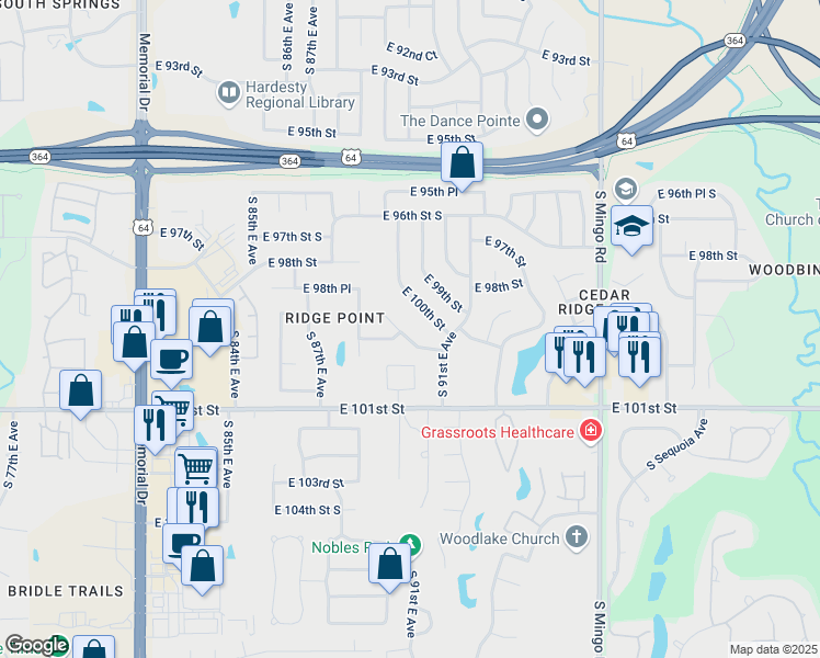 map of restaurants, bars, coffee shops, grocery stores, and more near 8975 East 100th Place in Tulsa