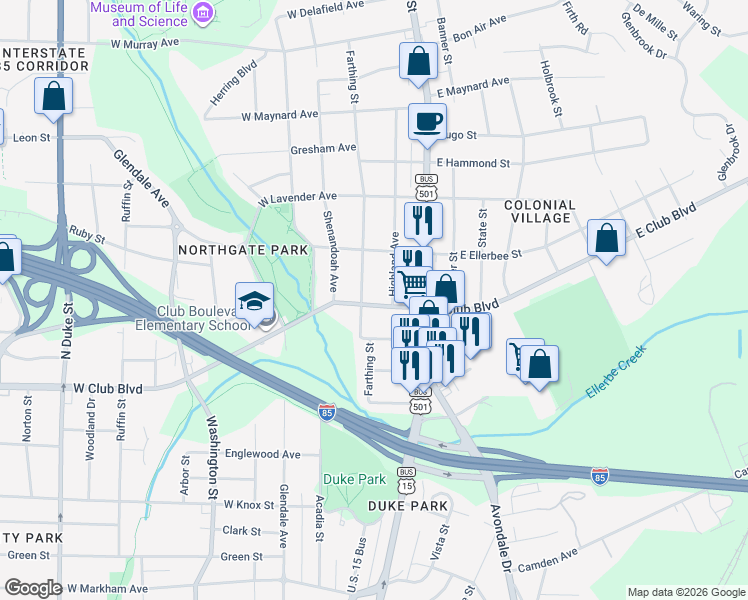 map of restaurants, bars, coffee shops, grocery stores, and more near 100 East Club Boulevard in Durham