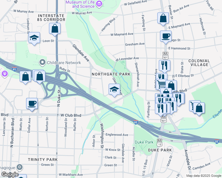 map of restaurants, bars, coffee shops, grocery stores, and more near 400 West Club Boulevard in Durham