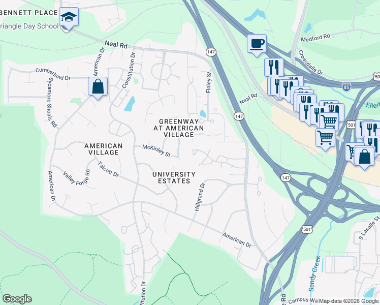 map of restaurants, bars, coffee shops, grocery stores, and more near 405 McKinley Street in Durham