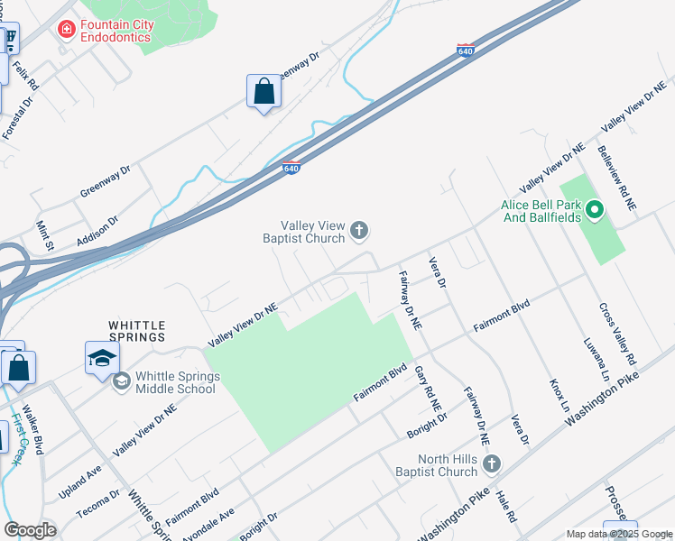 map of restaurants, bars, coffee shops, grocery stores, and more near 3501 Valley Stream Way in Knoxville