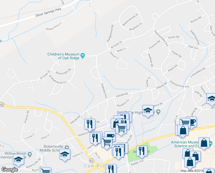 map of restaurants, bars, coffee shops, grocery stores, and more near 105 Howard Lane in Oak Ridge