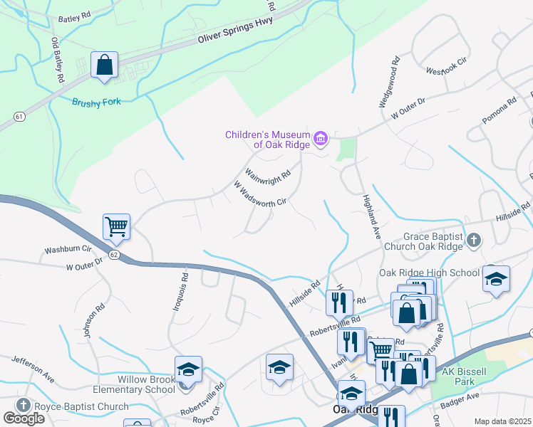 map of restaurants, bars, coffee shops, grocery stores, and more near 103 Wakefield Road in Oak Ridge