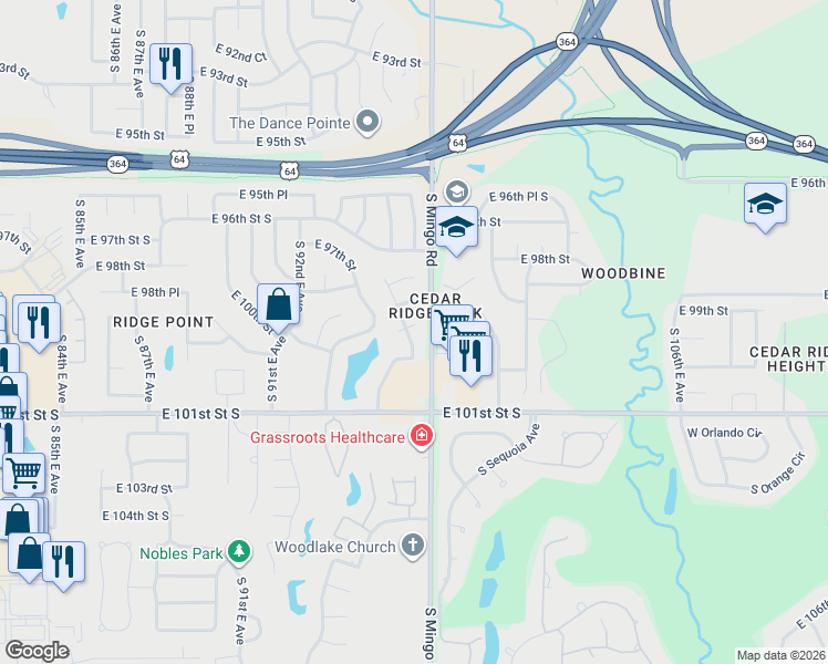 map of restaurants, bars, coffee shops, grocery stores, and more near 9410 East 99th Place in Tulsa