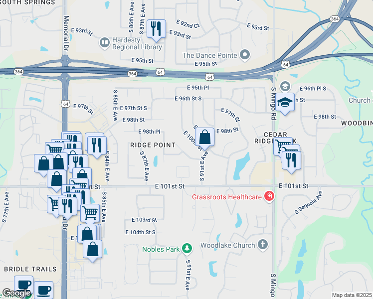 map of restaurants, bars, coffee shops, grocery stores, and more near 8975 East 100th Place in Tulsa