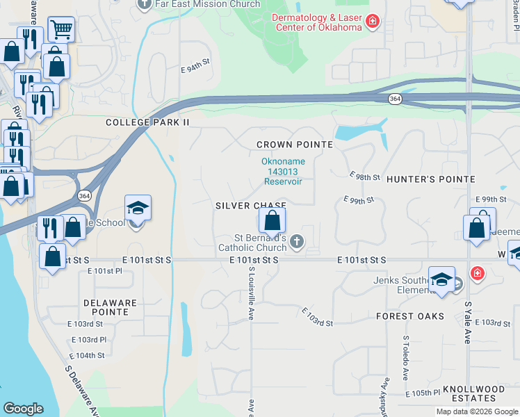 map of restaurants, bars, coffee shops, grocery stores, and more near in Tulsa