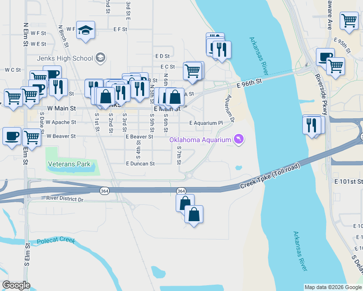 map of restaurants, bars, coffee shops, grocery stores, and more near 405 South 6th Street in Jenks