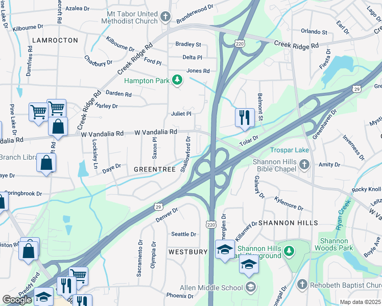 map of restaurants, bars, coffee shops, grocery stores, and more near 3015 Shallowford Drive in Greensboro