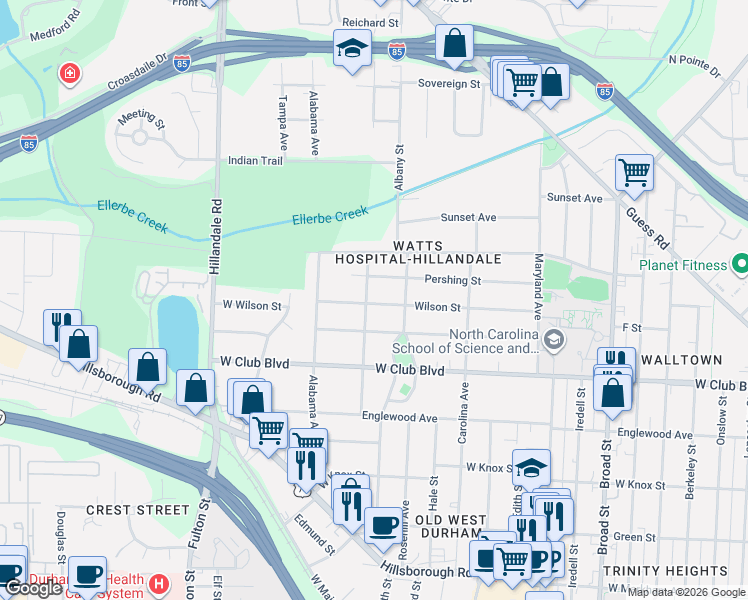 map of restaurants, bars, coffee shops, grocery stores, and more near 1307 Virginia Avenue in Durham