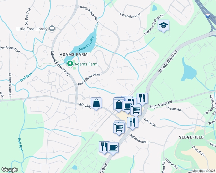map of restaurants, bars, coffee shops, grocery stores, and more near 26 Cedar Knoll Drive in Greensboro