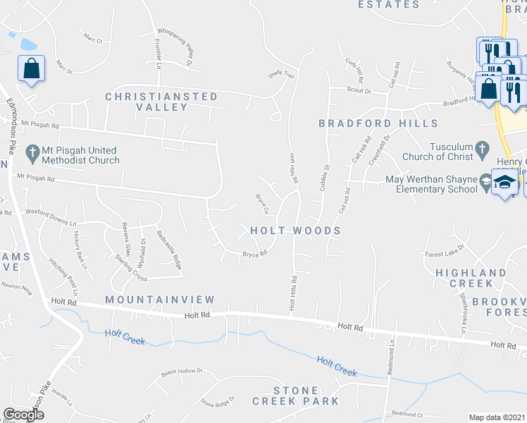 map of restaurants, bars, coffee shops, grocery stores, and more near 1801 Bryce Circle in Nashville