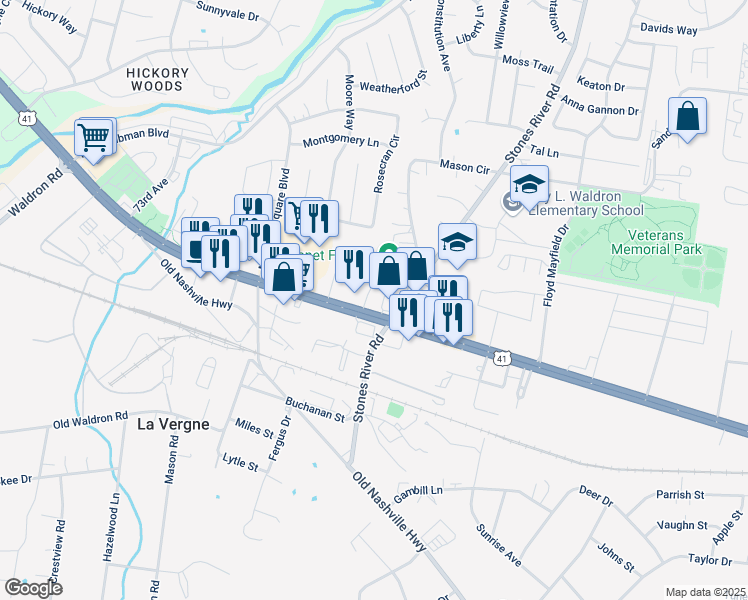 map of restaurants, bars, coffee shops, grocery stores, and more near 5179 Nashville Highway in La Vergne