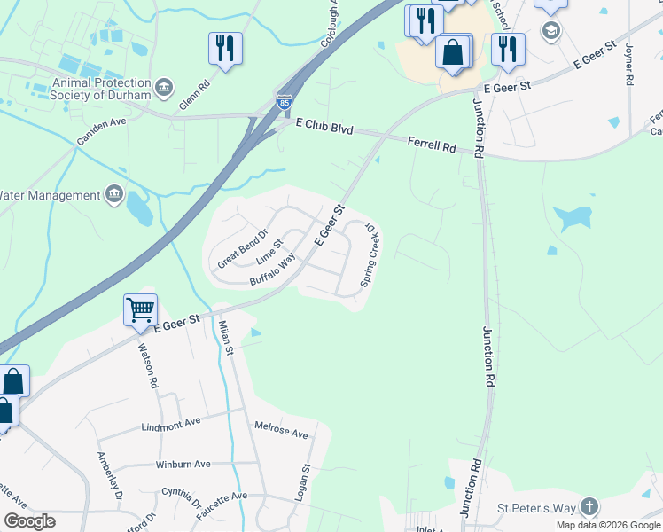 map of restaurants, bars, coffee shops, grocery stores, and more near 2101 Great Bend Drive in Durham
