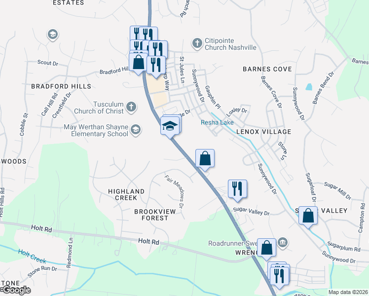 map of restaurants, bars, coffee shops, grocery stores, and more near 6228 Nolensville Road in Nashville