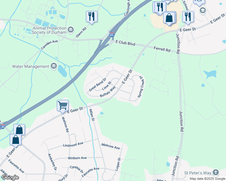 map of restaurants, bars, coffee shops, grocery stores, and more near 2050 Buffalo Way in Durham