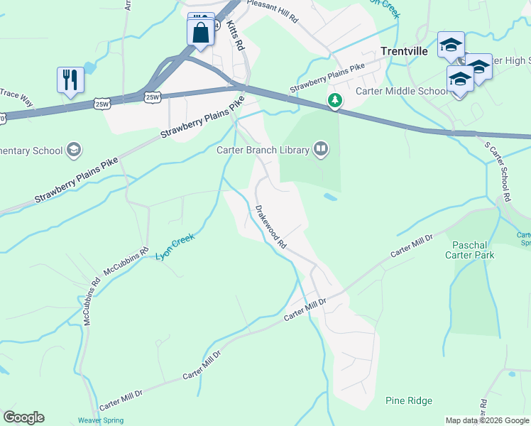 map of restaurants, bars, coffee shops, grocery stores, and more near 506 Drakewood Road in Knoxville