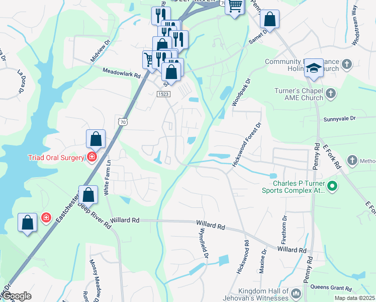 map of restaurants, bars, coffee shops, grocery stores, and more near 3620 Spanish Peak Drive in High Point