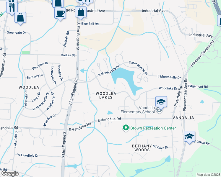 map of restaurants, bars, coffee shops, grocery stores, and more near 403 Woodlake Drive in Greensboro