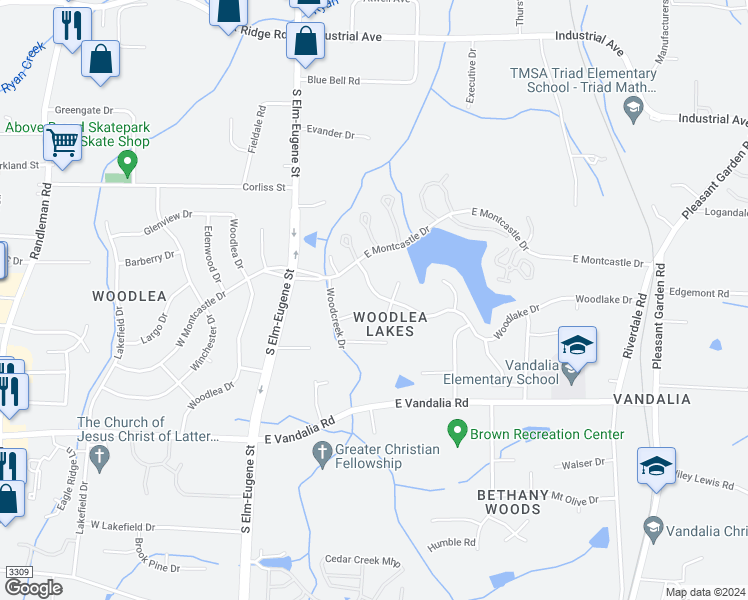 map of restaurants, bars, coffee shops, grocery stores, and more near 310 Woodlake Drive in Greensboro