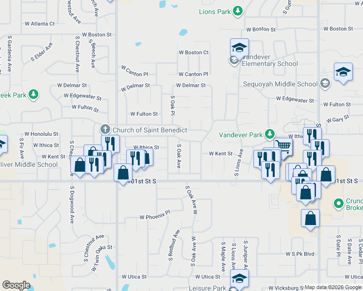 map of restaurants, bars, coffee shops, grocery stores, and more near 2905 South Oak Avenue in Broken Arrow