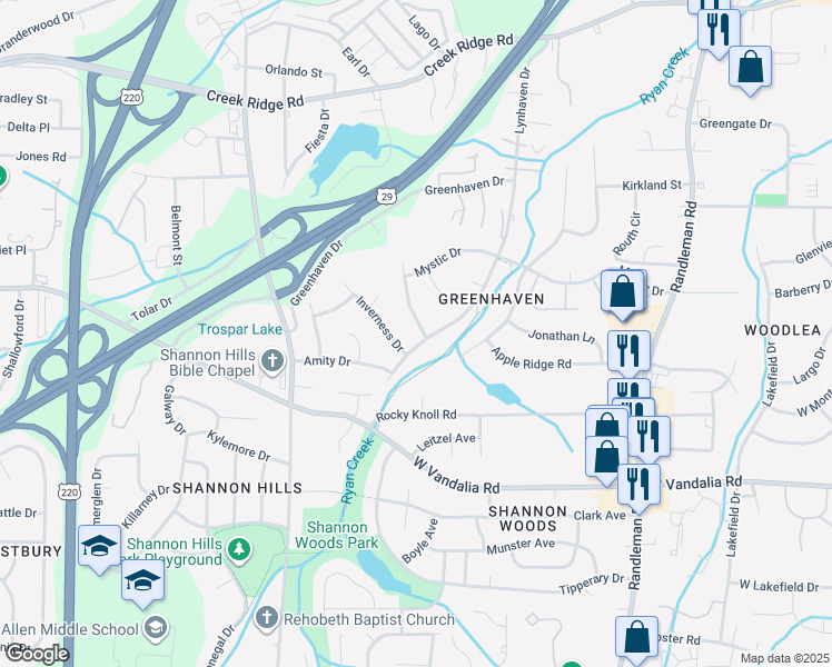 map of restaurants, bars, coffee shops, grocery stores, and more near 3804 Lynhaven Drive in Greensboro