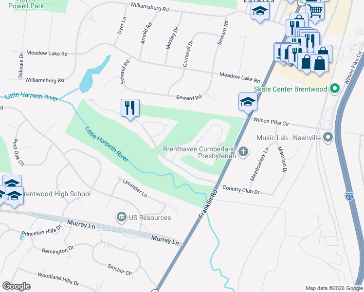 map of restaurants, bars, coffee shops, grocery stores, and more near 568 Midway Circle in Brentwood