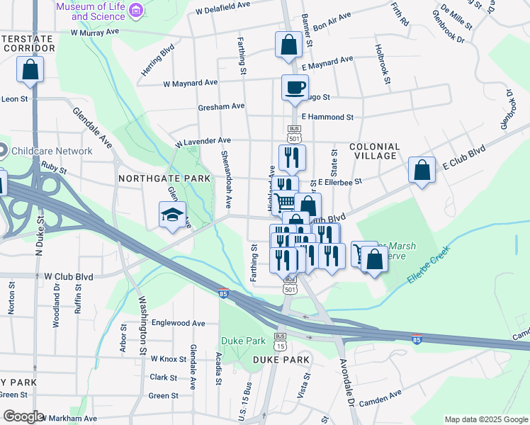 map of restaurants, bars, coffee shops, grocery stores, and more near 111 East Club Boulevard in Durham
