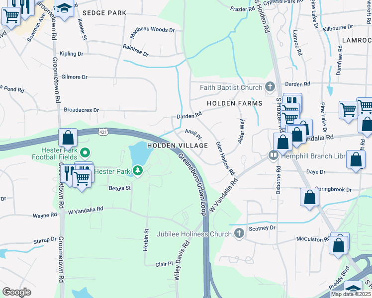 map of restaurants, bars, coffee shops, grocery stores, and more near 3224 Twin Brooks Drive in Greensboro
