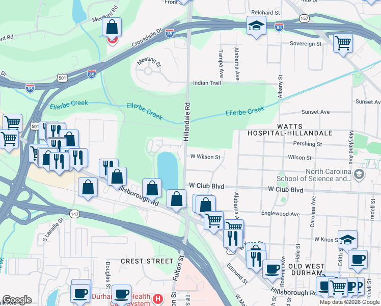 map of restaurants, bars, coffee shops, grocery stores, and more near 2531 West Wilson Street in Durham