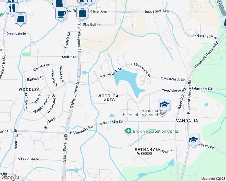map of restaurants, bars, coffee shops, grocery stores, and more near 403 Woodlake Drive in Greensboro