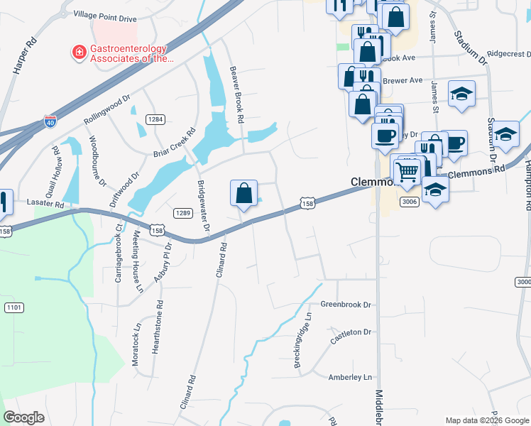 map of restaurants, bars, coffee shops, grocery stores, and more near 3826 Littlebrook Drive in Clemmons