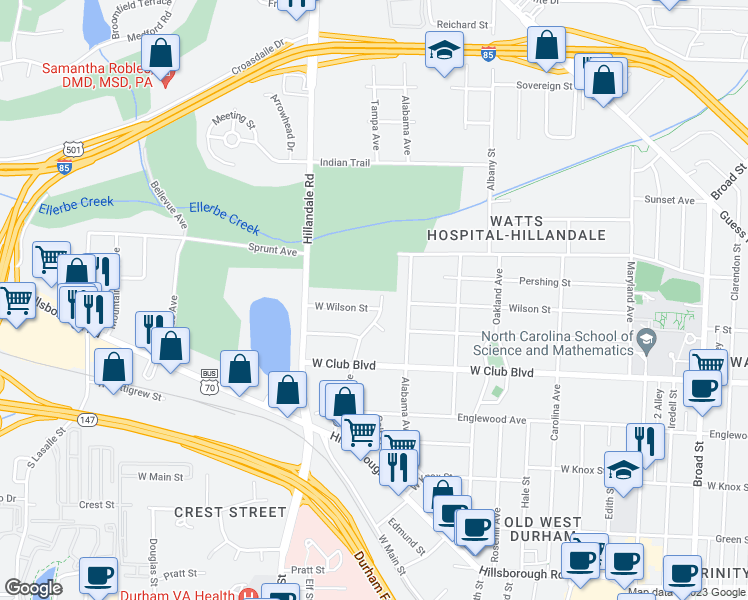 map of restaurants, bars, coffee shops, grocery stores, and more near 1403 Georgia Avenue in Durham
