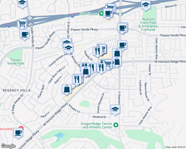 map of restaurants, bars, coffee shops, grocery stores, and more near 1499 West Horizon Ridge Parkway in Henderson