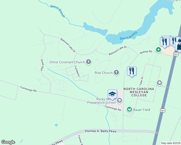 map of restaurants, bars, coffee shops, grocery stores, and more near 55 Eltham in Rocky Mount
