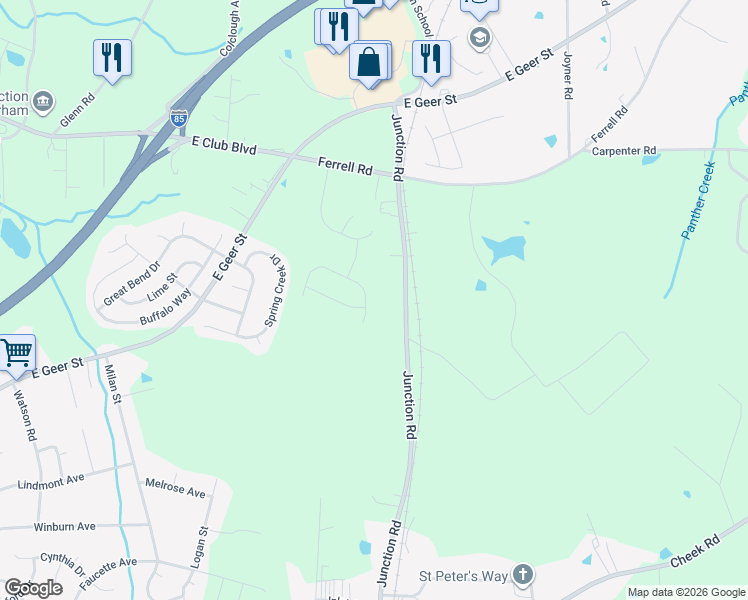 map of restaurants, bars, coffee shops, grocery stores, and more near 1209 Junction Road in Durham