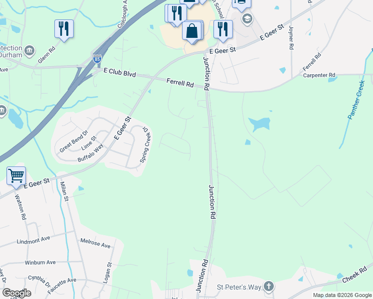 map of restaurants, bars, coffee shops, grocery stores, and more near 1209 Junction Road in Durham