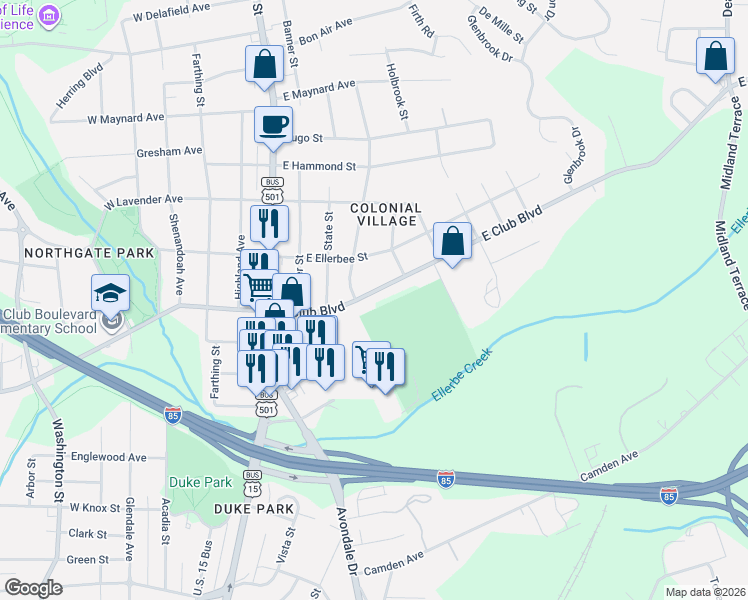 map of restaurants, bars, coffee shops, grocery stores, and more near 508 East Club Boulevard in Durham
