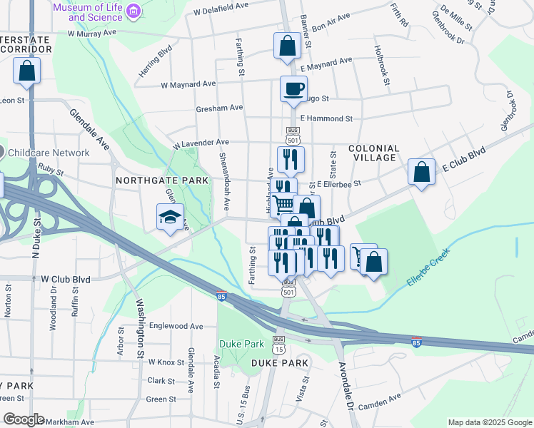 map of restaurants, bars, coffee shops, grocery stores, and more near 202 East Club Boulevard in Durham