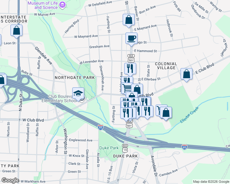 map of restaurants, bars, coffee shops, grocery stores, and more near 100 East Club Boulevard in Durham