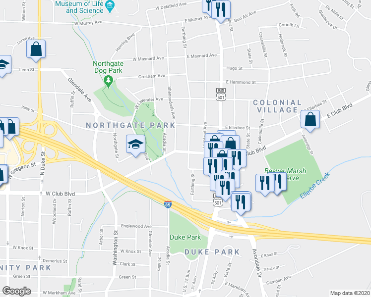 map of restaurants, bars, coffee shops, grocery stores, and more near 100 East Club Boulevard in Durham